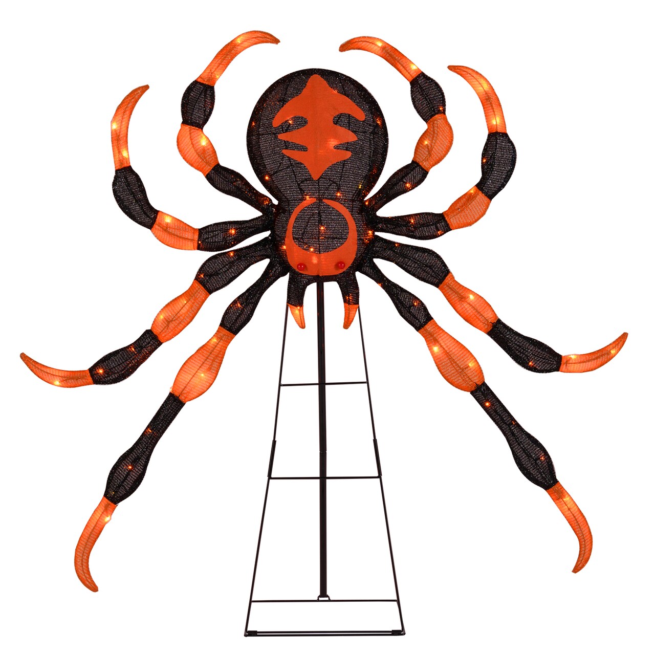 Orange-Black LED Metal Fabric Spider with Flickering Lights – 52 inches Halloween Decor
